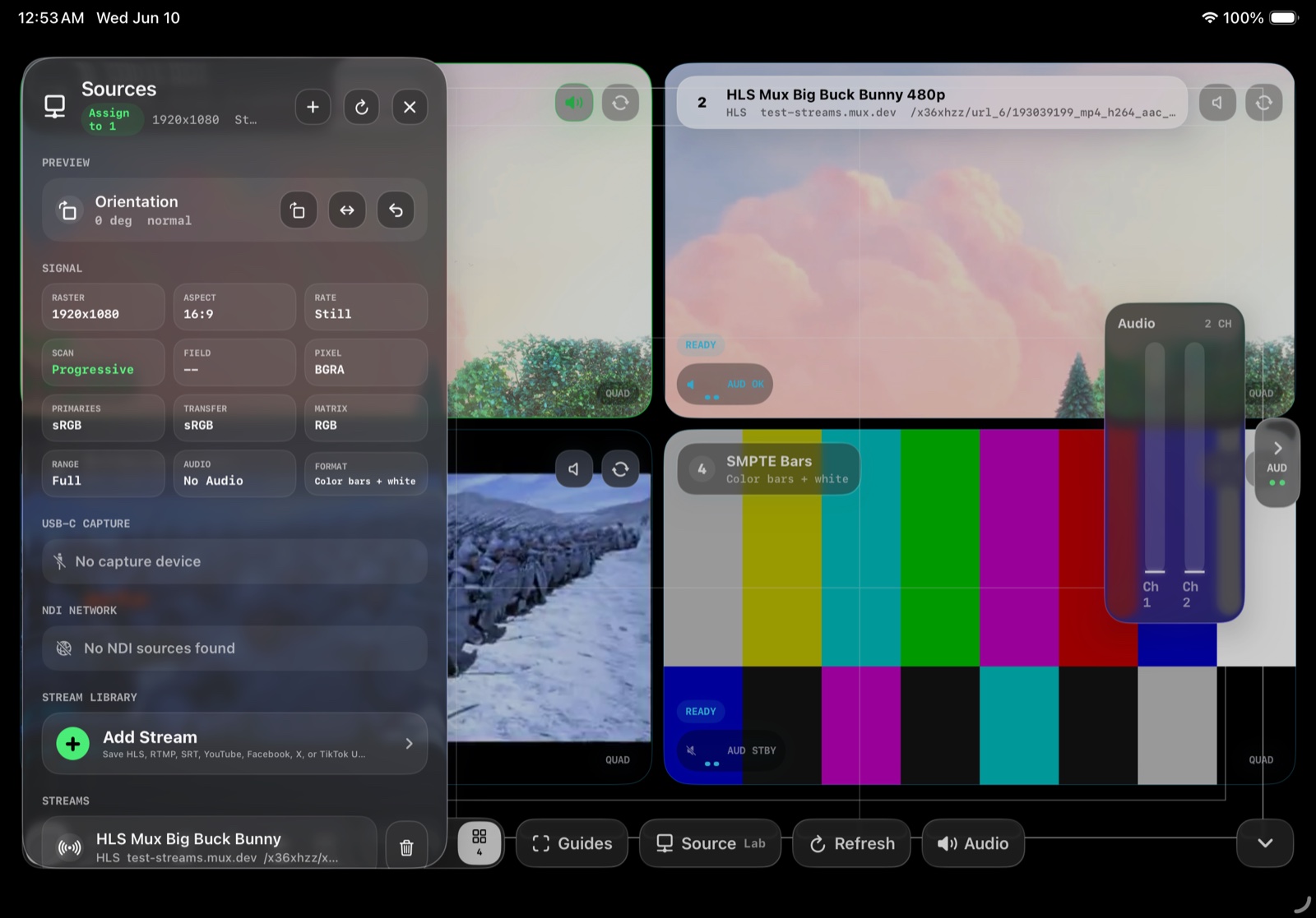 StreamCoach Monitor source panel over a quad view with stream library, USB-C, NDI, HLS, and diagnostics.